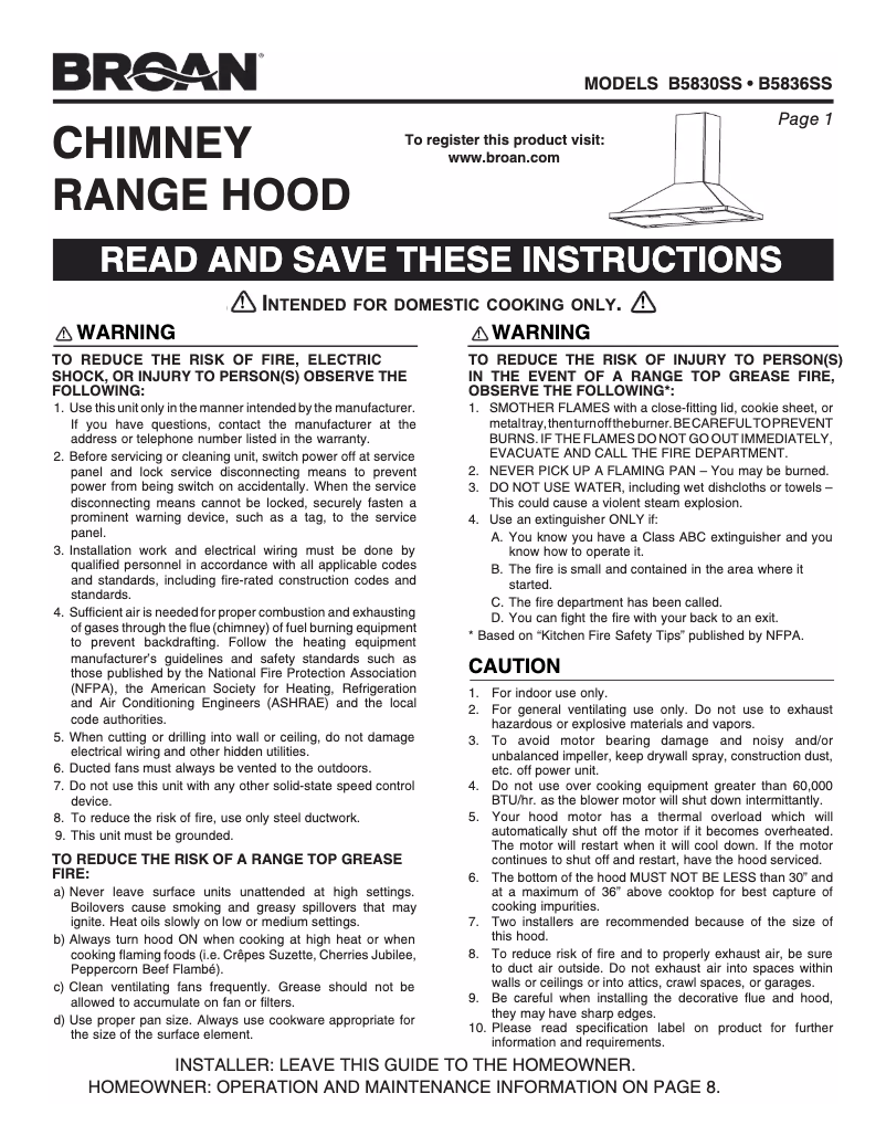 Page n°1 - Guide d'installation Broan B5836SS