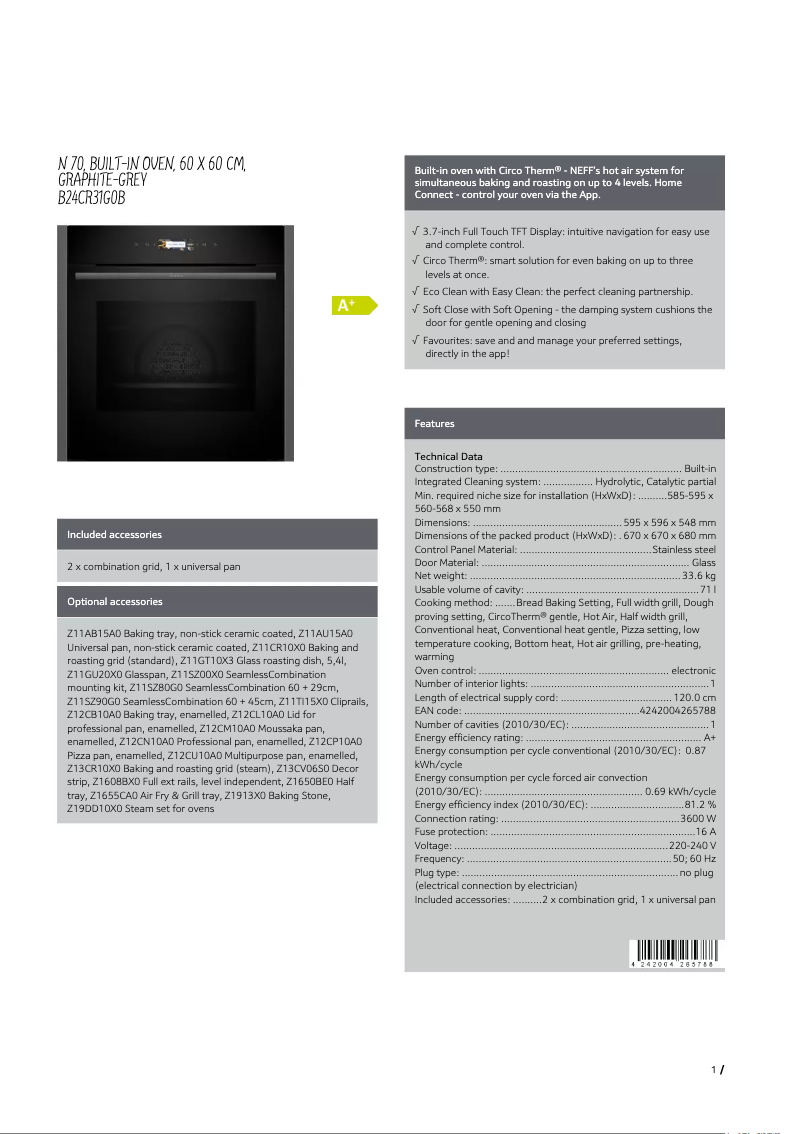 Page 1 de la notice Fiche technique Neff B24CR31G0B