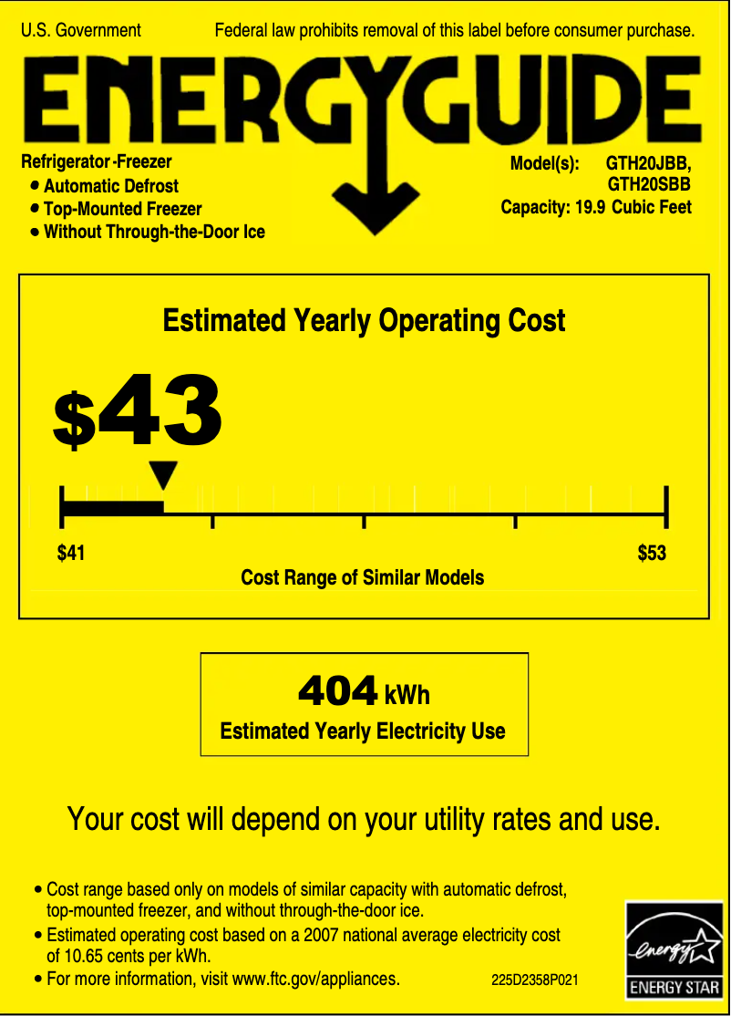 Página 1 del manual Etiqueta energética GE GTH20JBBBB