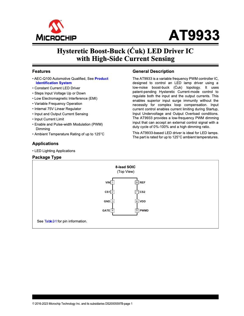 Página 1 del manual Ficha técnica Microchip AT9933