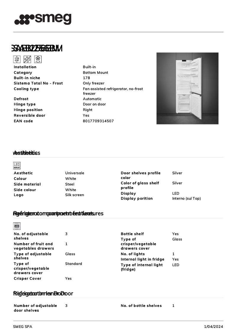 Page 1 de la notice Fiche technique Smeg SABI256BM