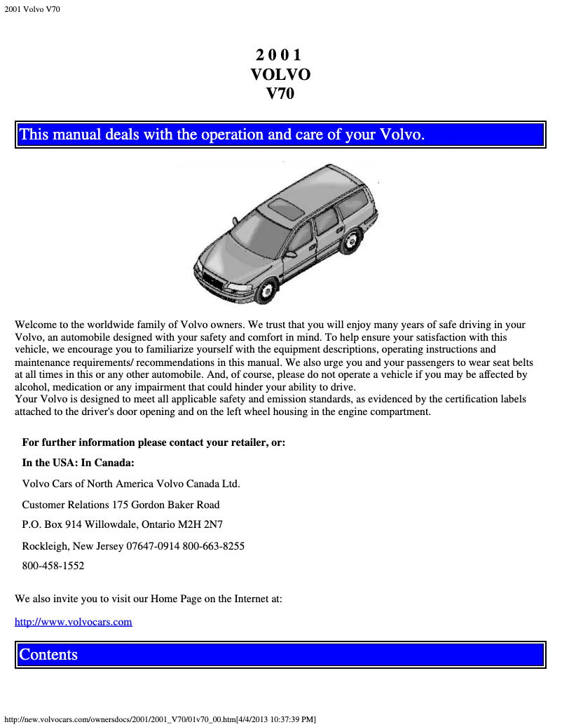 Page 1 de la notice Manuel utilisateur Volvo V70 (2001)