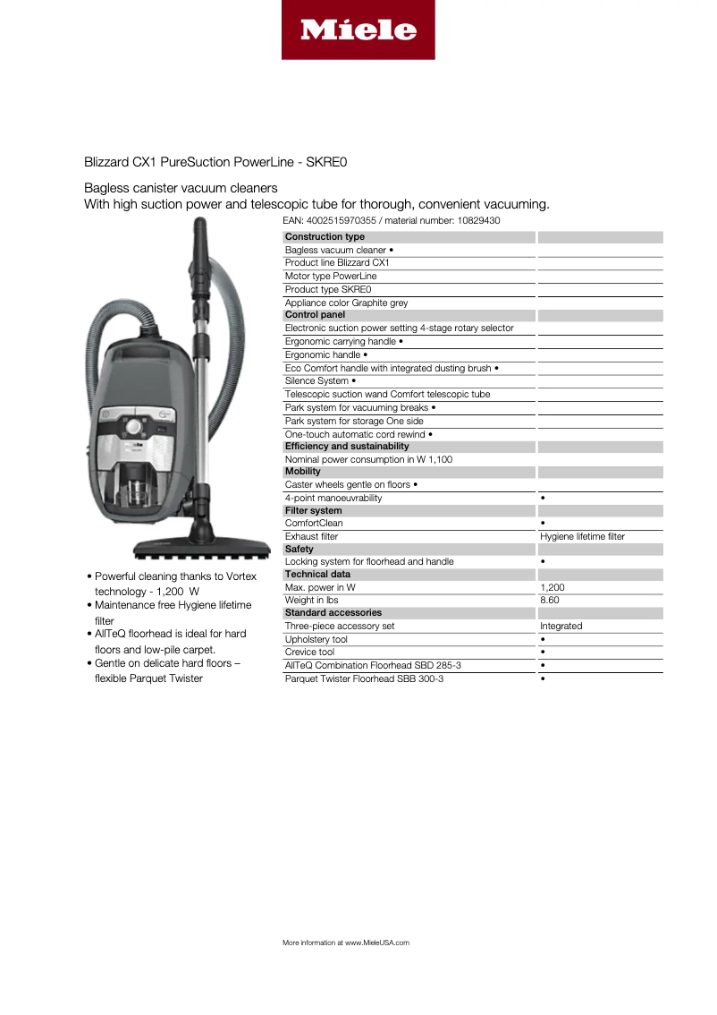 Page n°1 - Fiche technique Miele Blizzard CX1 PureSuction PowerLine