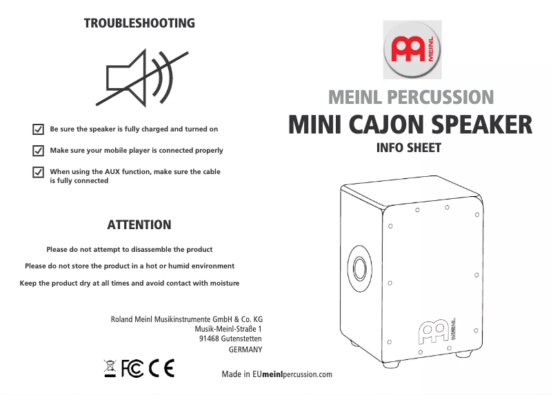 Page n°1 - Manuel utilisateur Meinl Mini Cajon Speaker