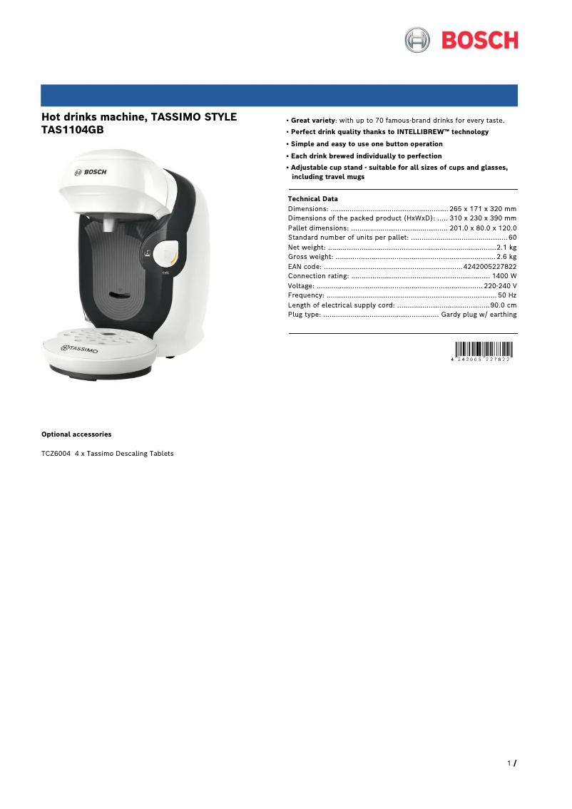 Página 1 del manual Ficha técnica Bosch Tassimo Style TAS1104