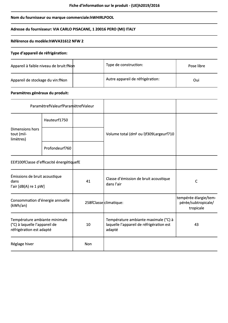 Page 1 de la notice Fiche technique Whirlpool WVA31612 NFW 2