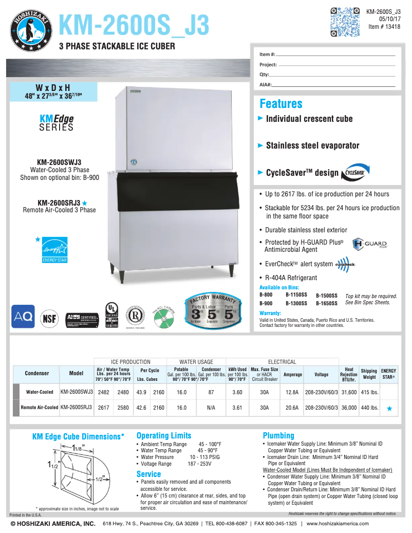 Page n°1 - Fiche technique Hoshizaki KM-2600SRJ3