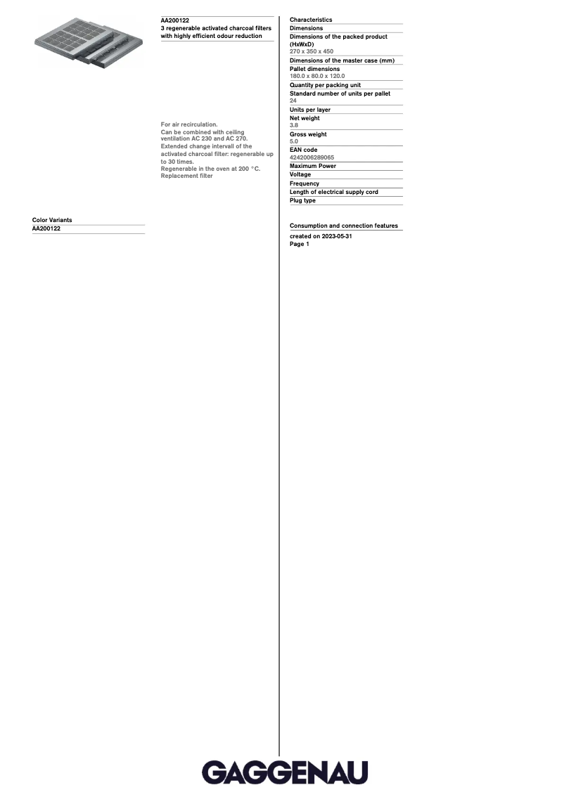 Page 1 de la notice Fiche technique Gaggenau AA200122
