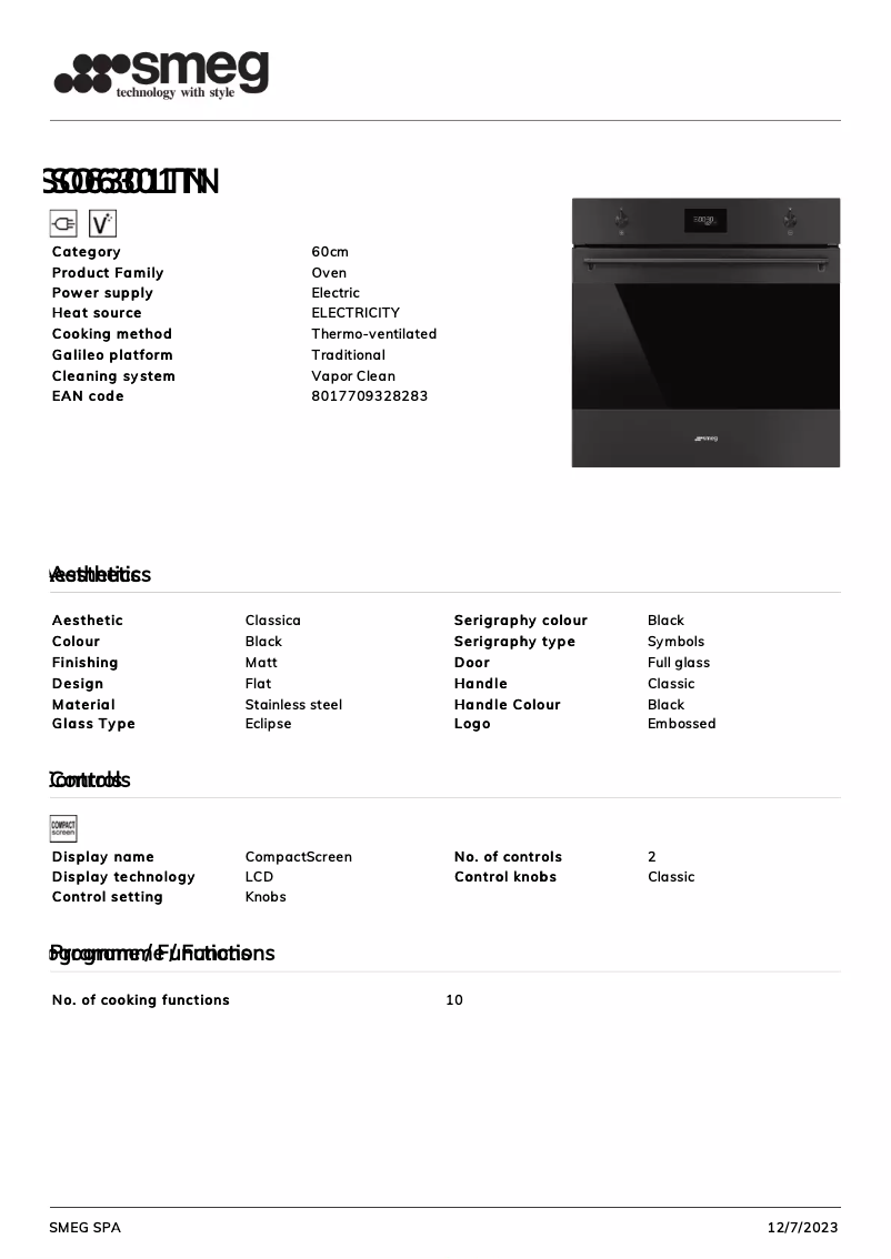 Page 1 de la notice Fiche technique Smeg SO6301TN