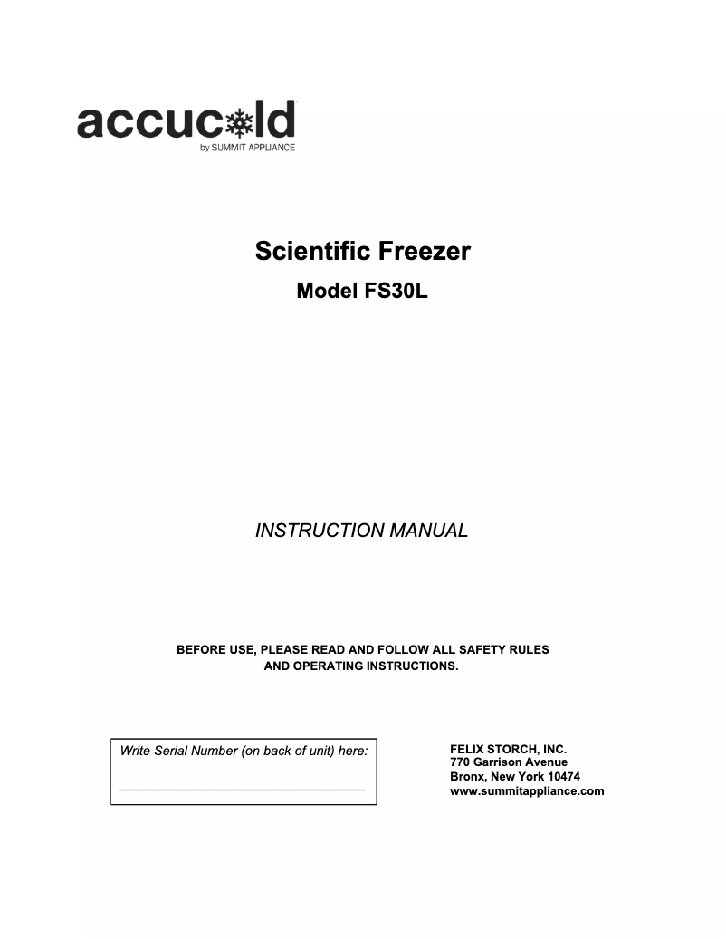 Page n°1 - Guide d'installation Summit Accucold FS30L7