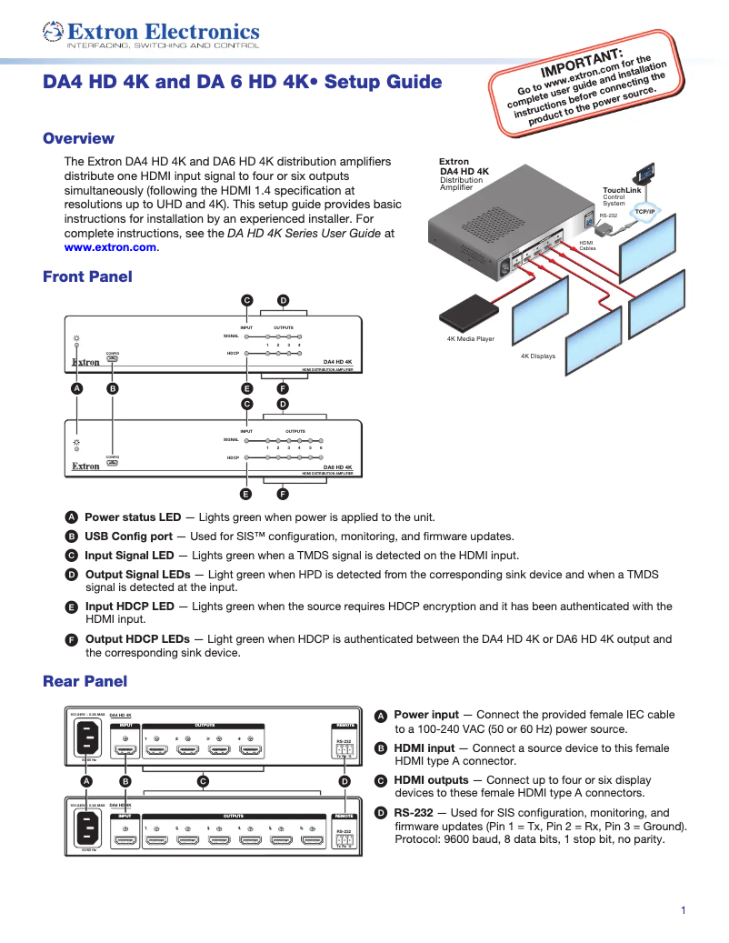 Page 1 de la notice Manuel utilisateur Extron DA HD 4K