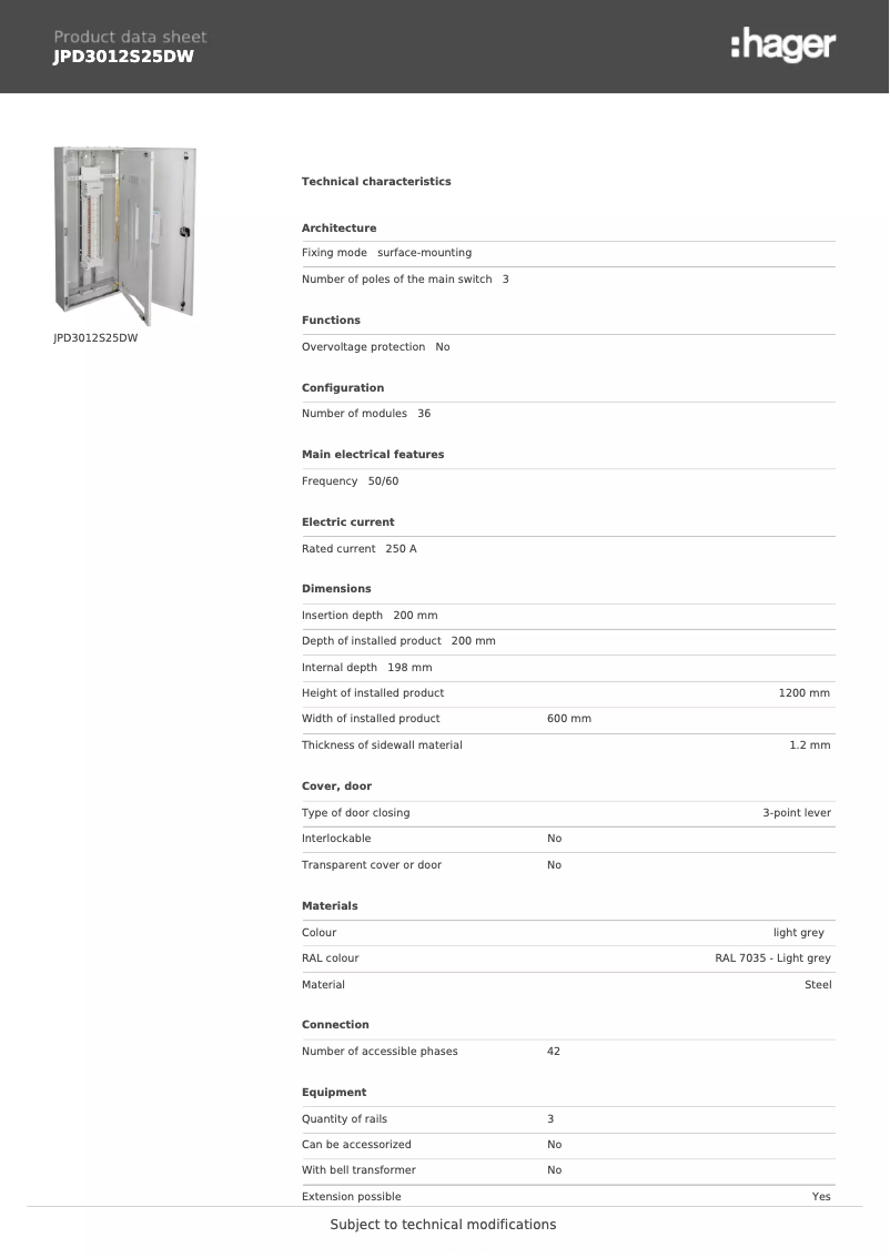 Page 1 de la notice Fiche technique Hager JPD3012S25DW