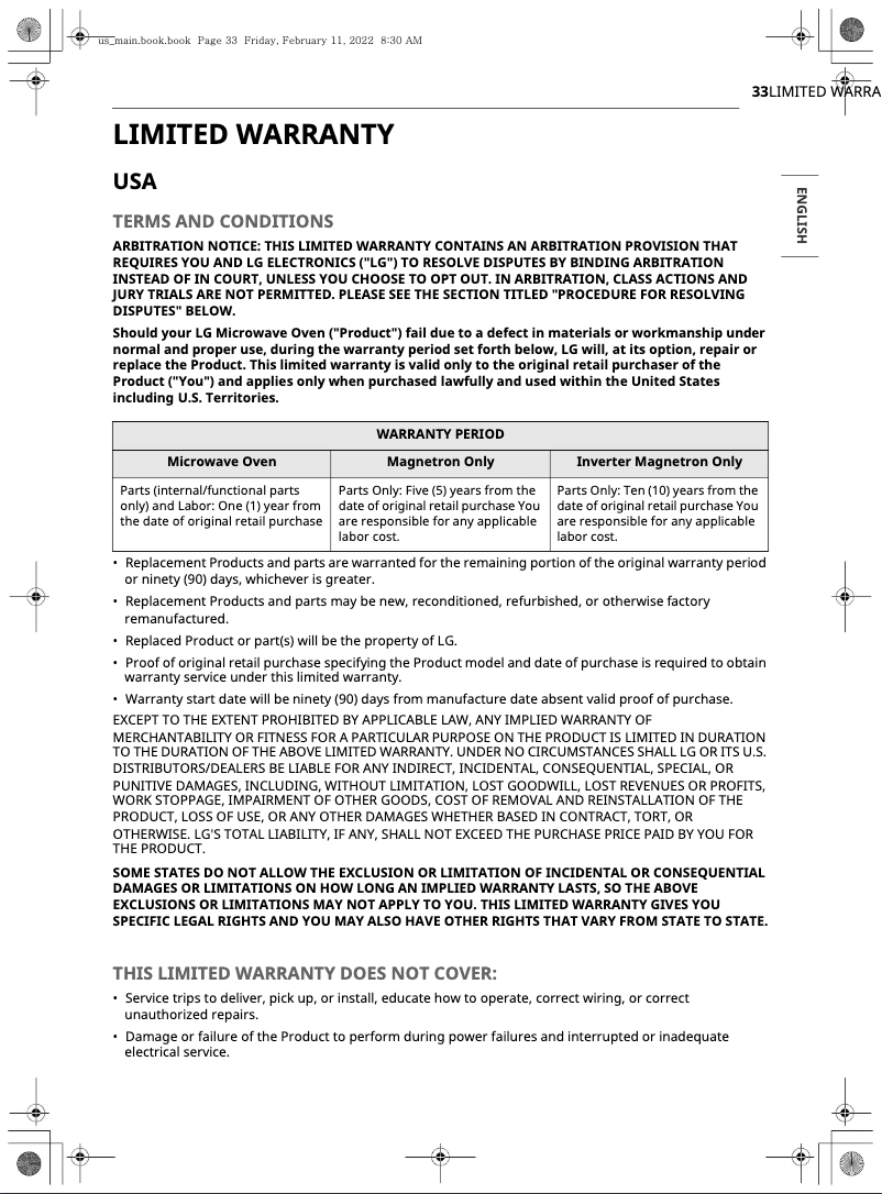Page 1 de la notice Informations de garantie LG MVEL2125F