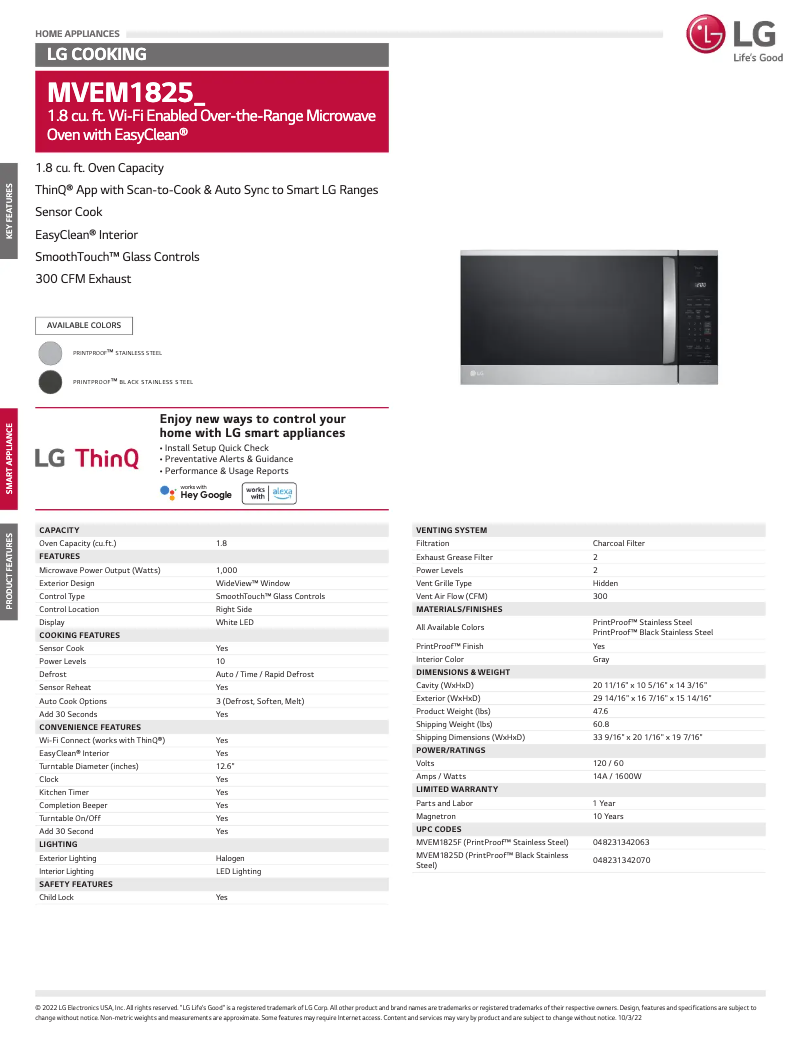 Page 1 de la notice Fiche technique LG MVEM1825D
