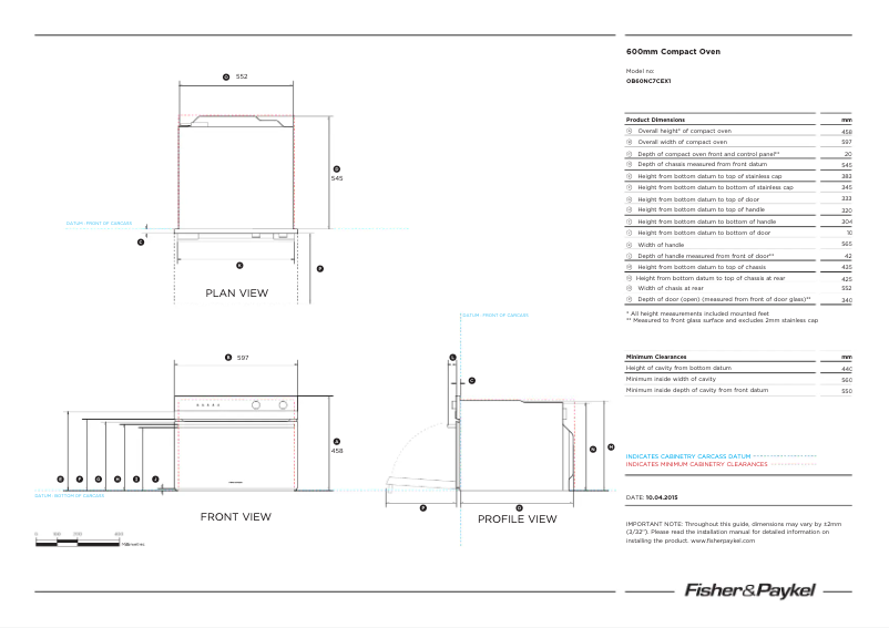 Page 1 de la notice Fiche technique Fisher & Paykel OB60NC7CEX1