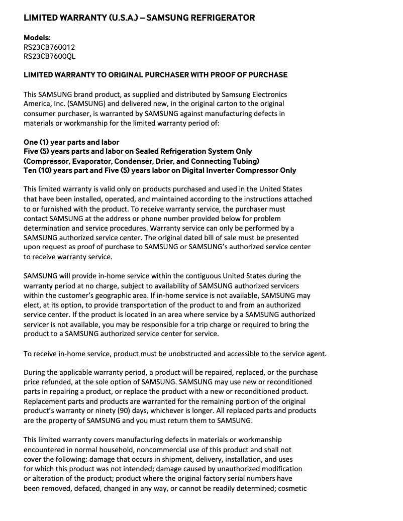 Página 1 del manual Información de garantía Samsung RS23CB760012