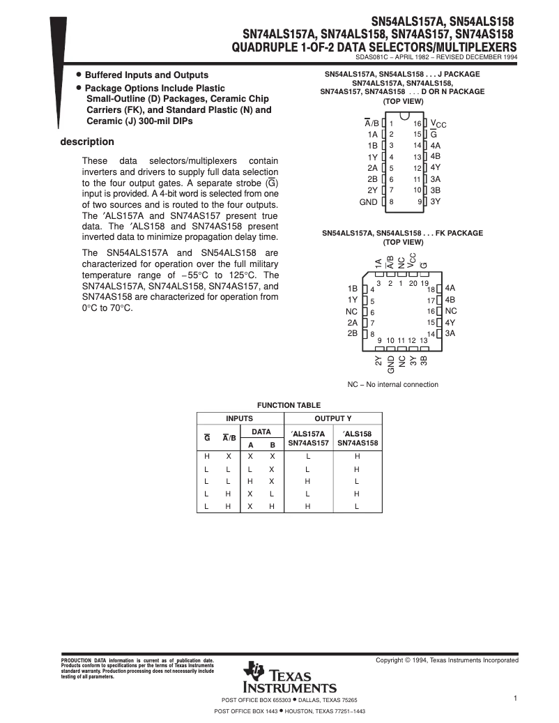 Page 1 de la notice Manuel utilisateur Texas Instruments SN74ALS157AN