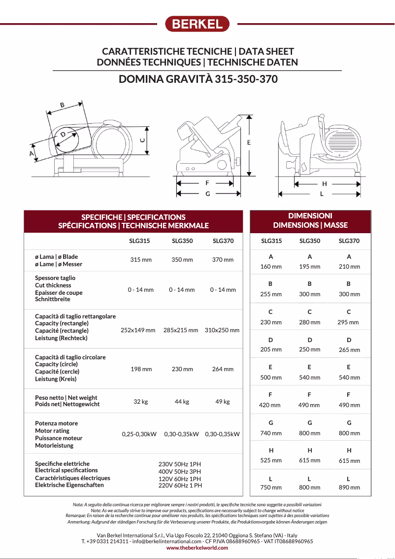 Page 1 de la notice Fiche technique Berkel Domina Gravitá SLG315