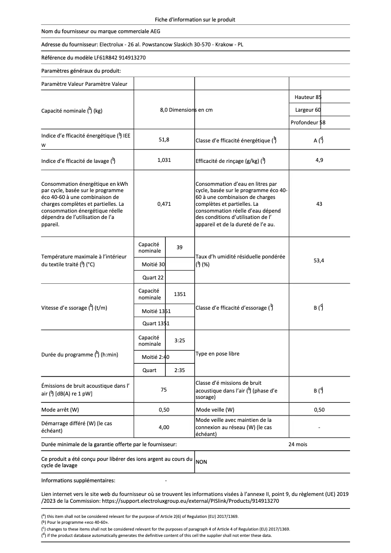 Page n°1 - Fiche technique AEG LF61R842