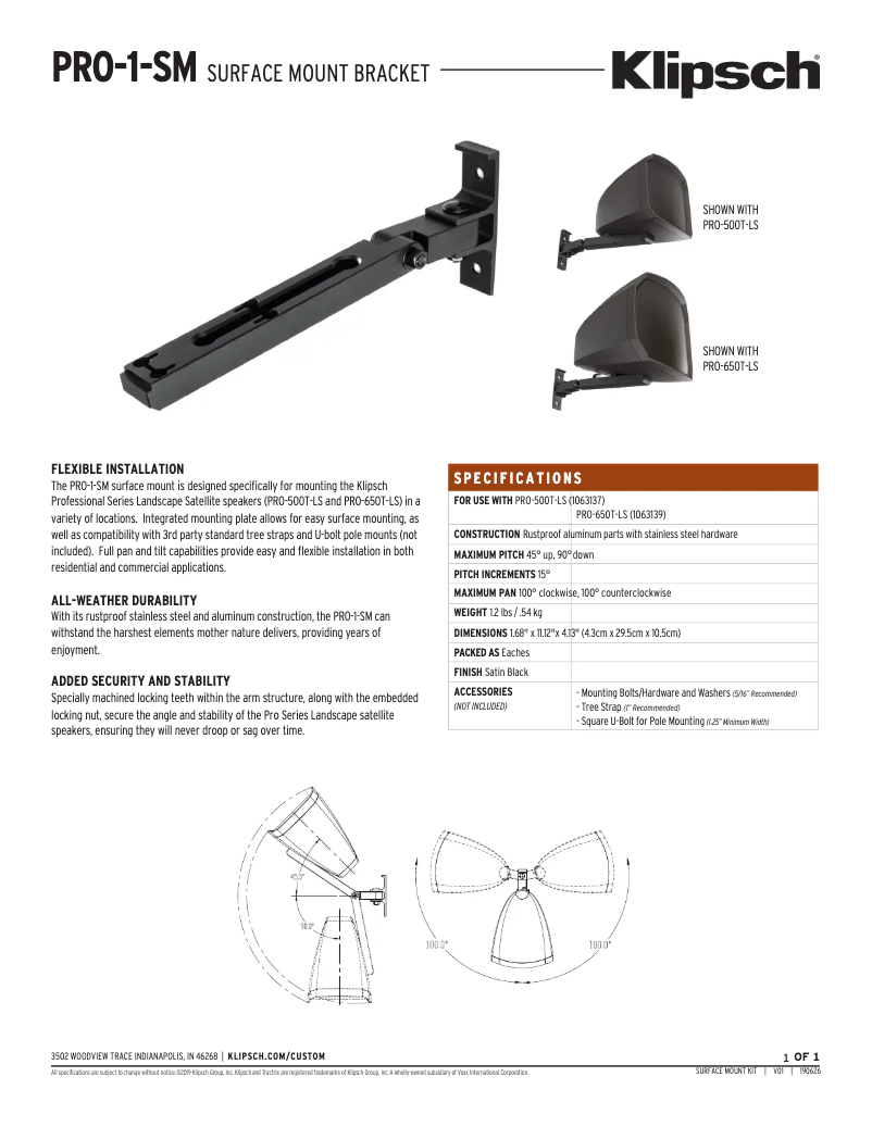 Page n°1 - Fiche technique Klipsch PRO-1-SM