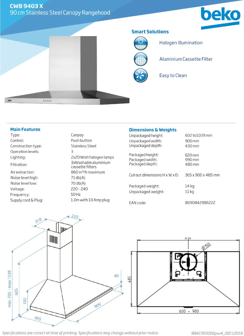 Page 1 de la notice Fiche technique Beko CWB9403X