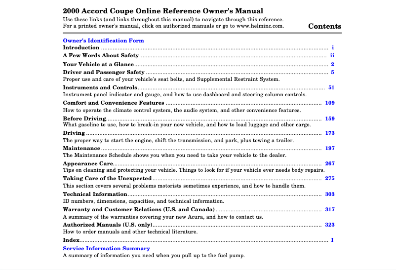 Image de la première page du manuel de l'appareil Accord Sedan (2000)