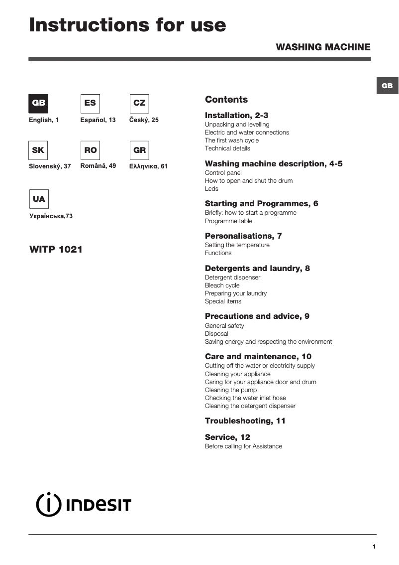 Image de la première page du manuel de l'appareil WITP 1021 (EU)