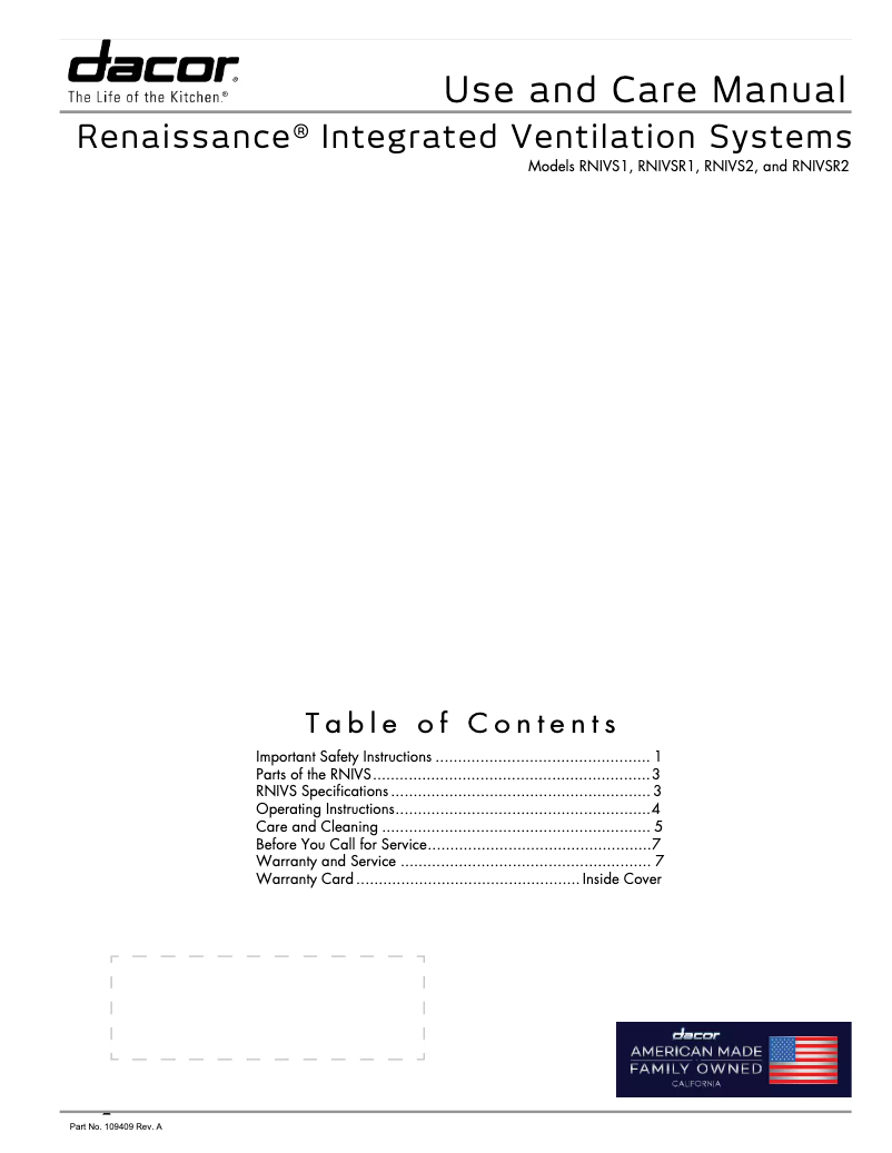 Page 1 de la notice Manuel utilisateur Dacor RNIVSR2