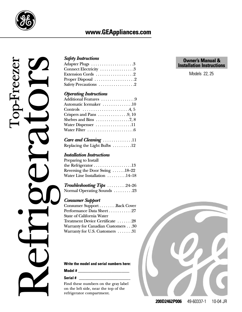 Image de la première page du manuel de l'appareil PTS22LCSWW