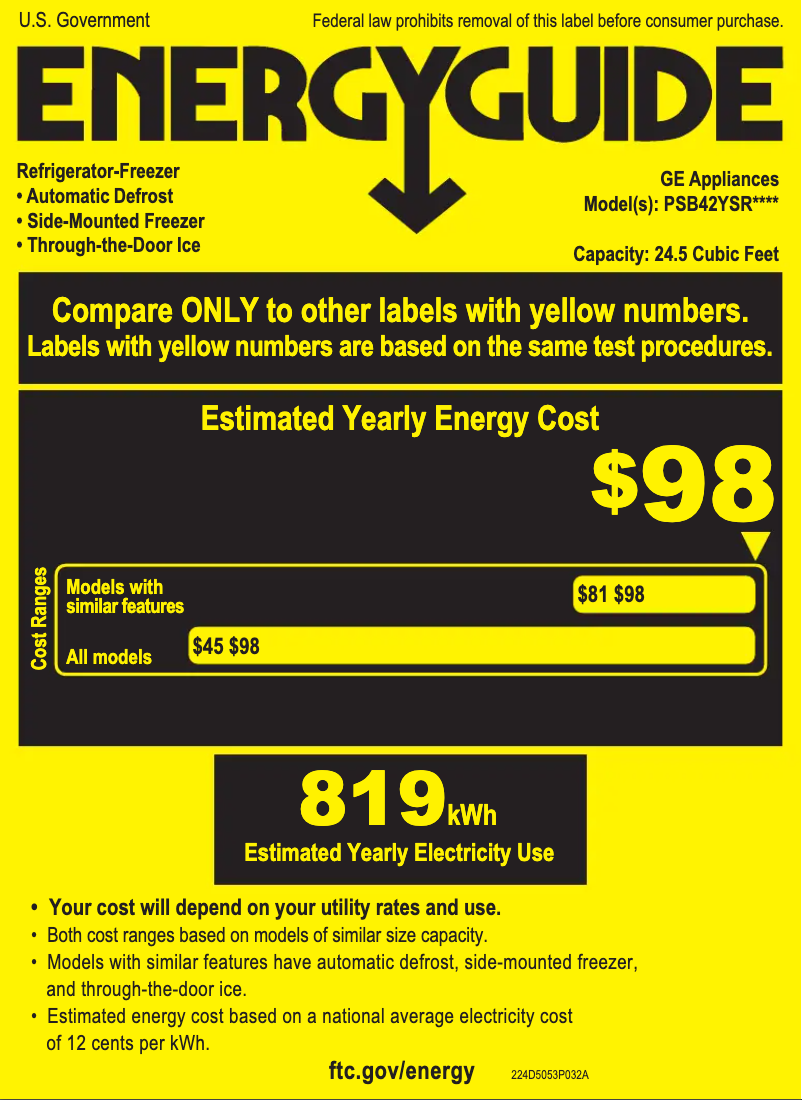 Page n°1 - Label énergétique GE Profile PSB42YSRSS