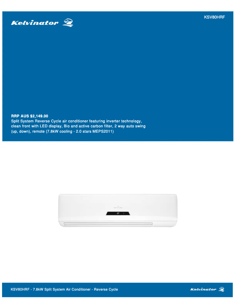 Page 1 de la notice Fiche technique Kelvinator KSV80HRF
