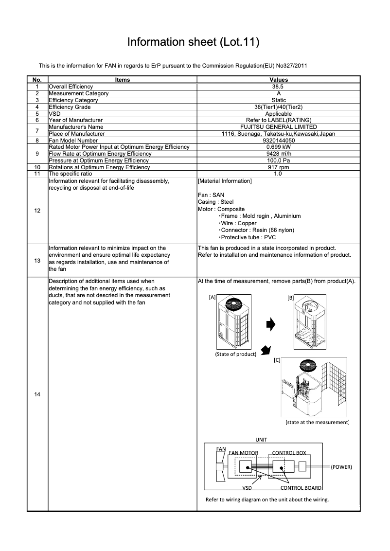 Page 1 de la notice Fiche technique Fujitsu Airstage AJY162LALBH