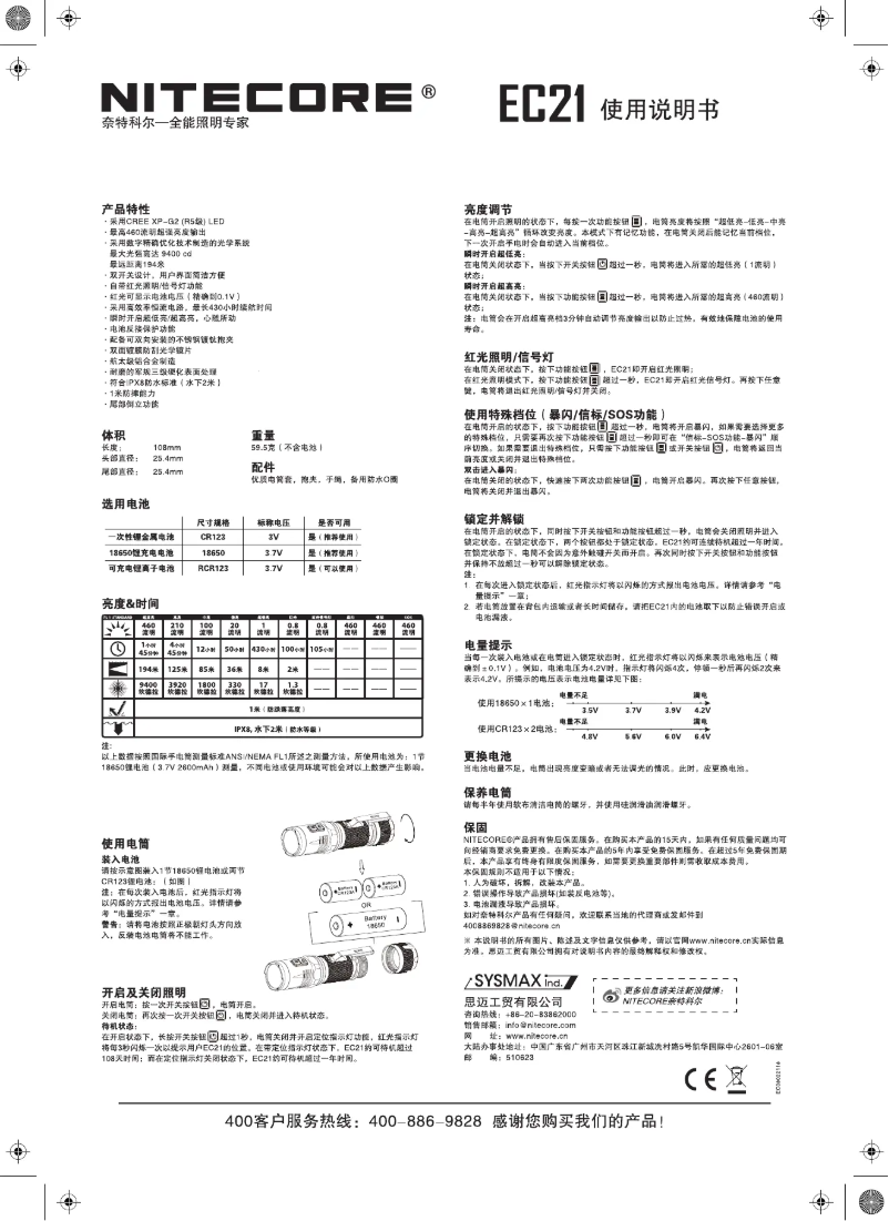 Page 1 de la notice Manuel utilisateur Nitecore EC21