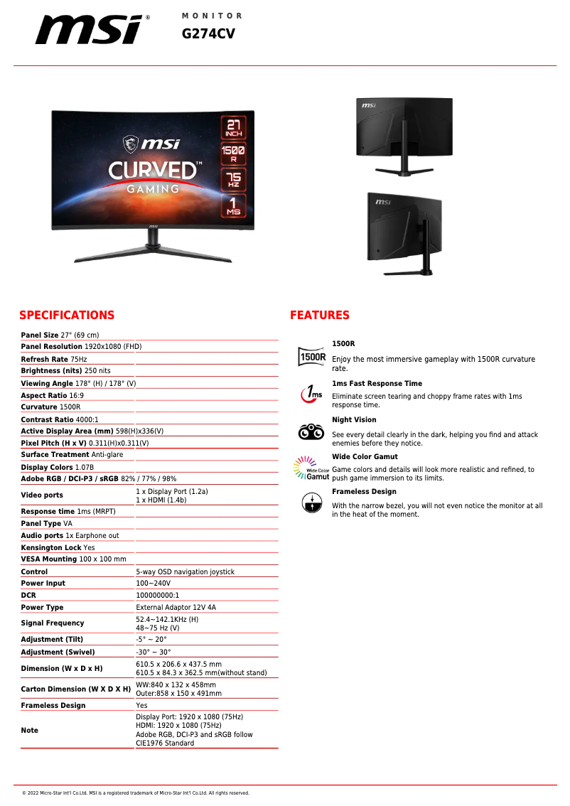 Page n°1 - Fiche technique MSI G274CV