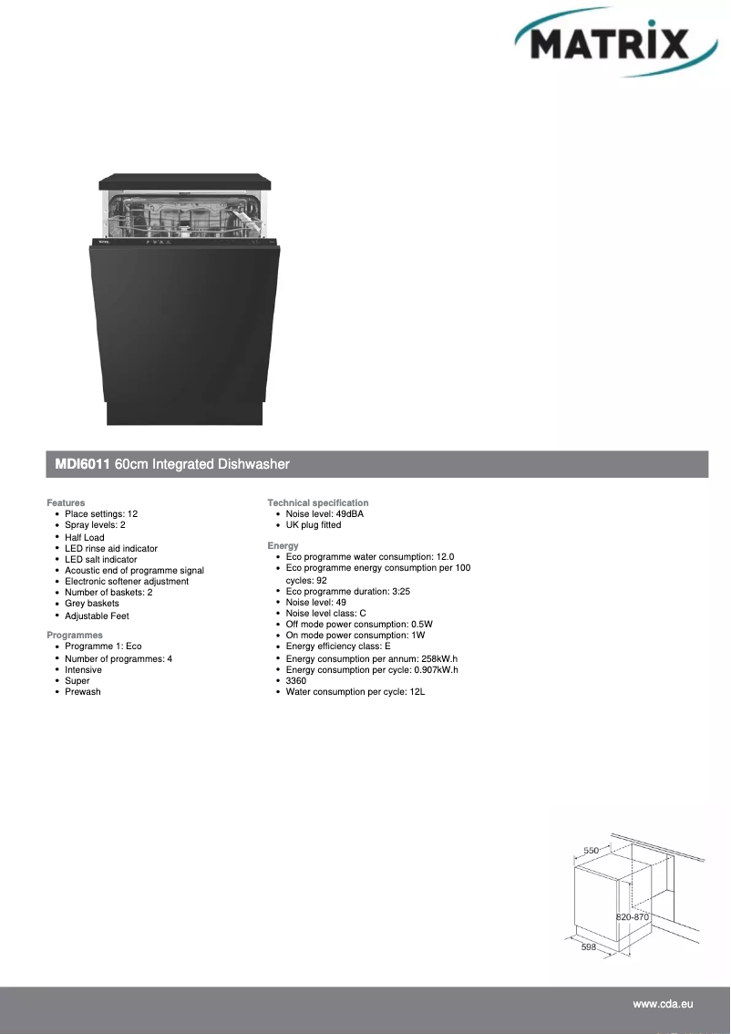 Page 1 de la notice Fiche technique Matrix MDI6011