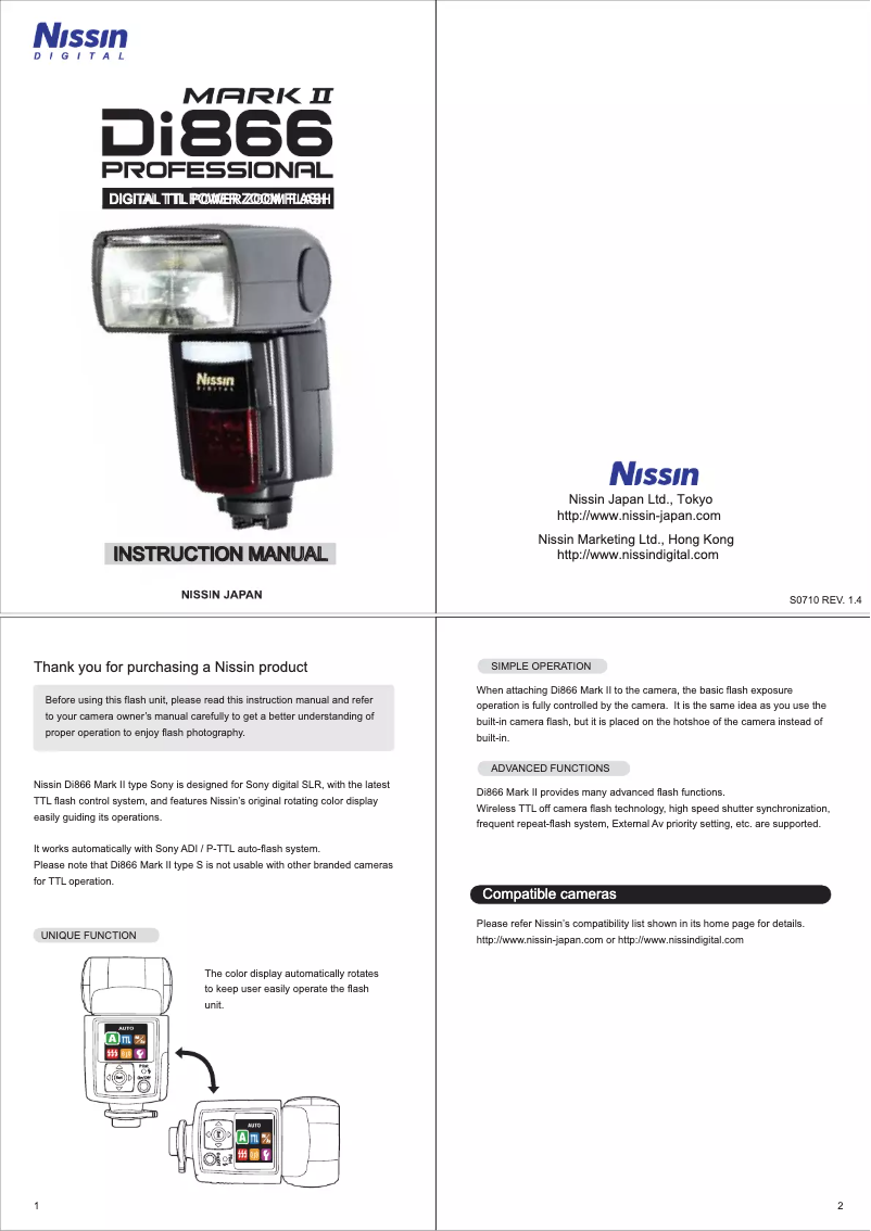 Page n°1 - Manuel utilisateur Nissin Di866 mark II (Sony)
