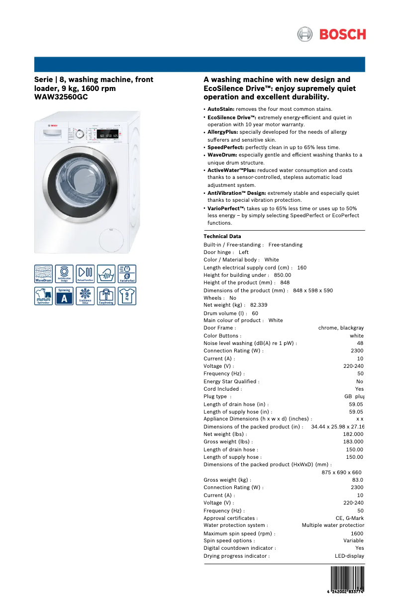 Page n°1 - Fiche technique Bosch WAW32560GC