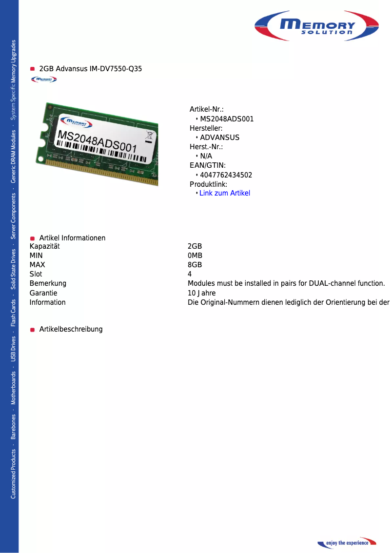 Page n°1 - Manuel utilisateur Memory Solution MS2048ADS001