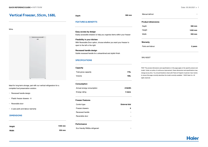 Page n°1 - Manuel utilisateur Haier HVF175VW