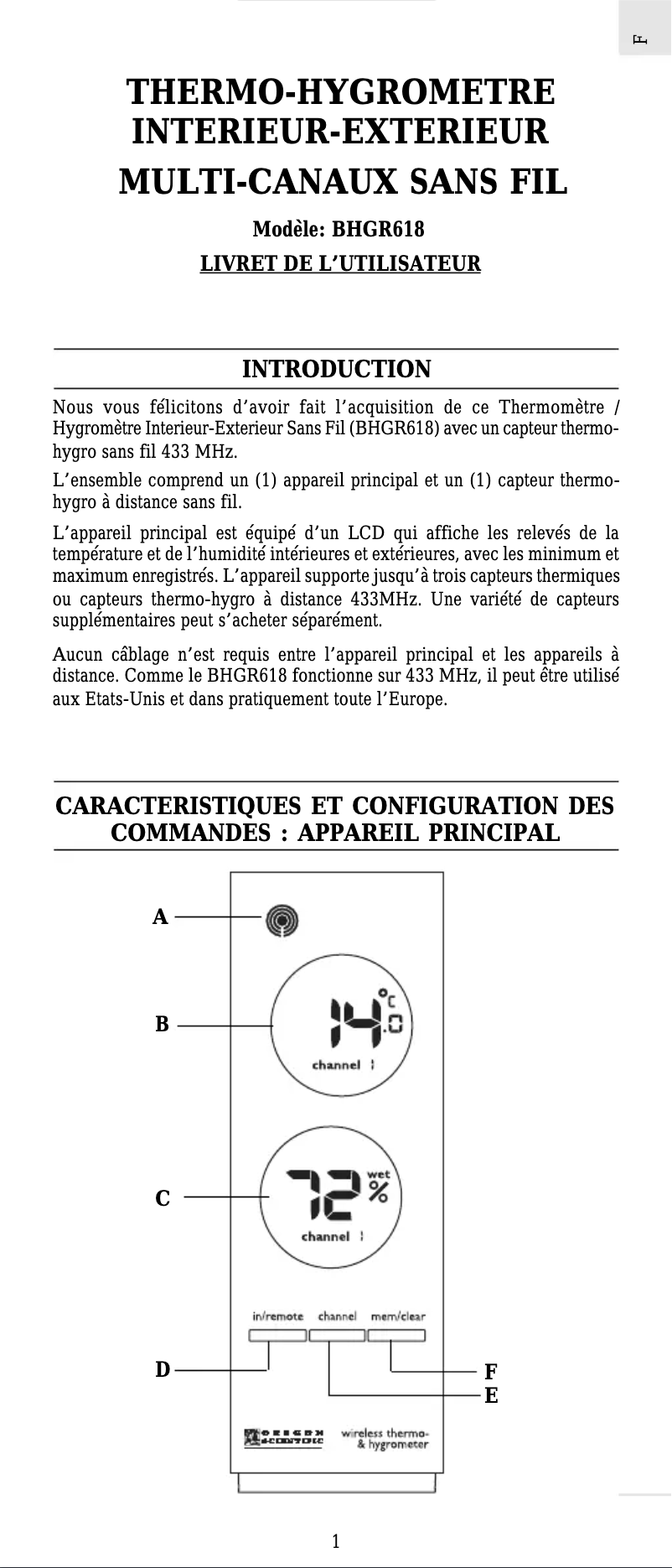 Page n°1 - Manuel utilisateur Oregon Scientific BHGR618