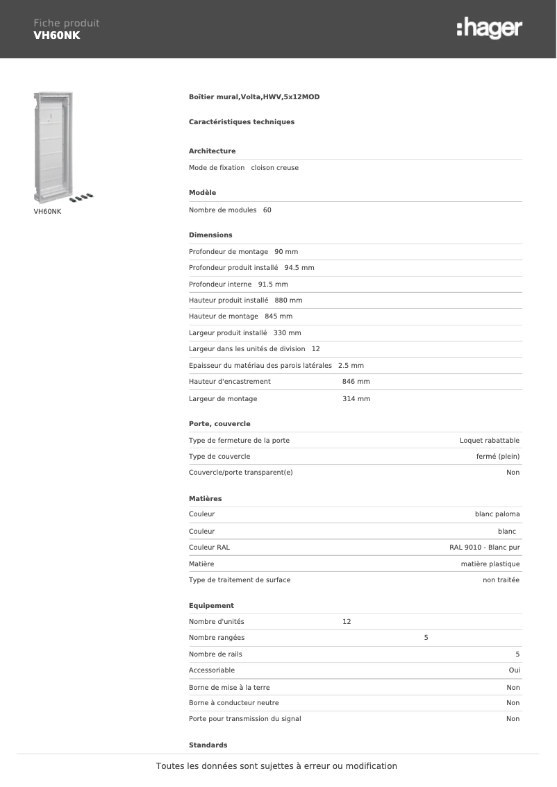 Page n°1 - Fiche technique Hager VH60NK