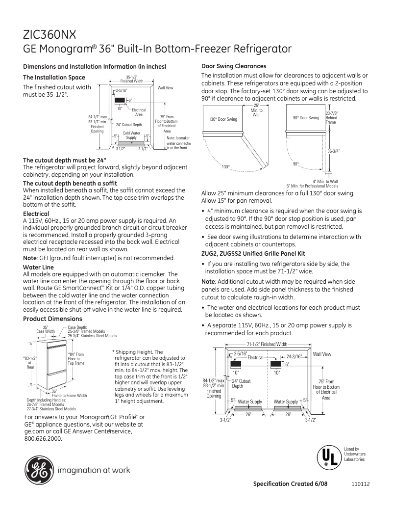Page n°1 - Fiche technique GE ZIC360NXLH