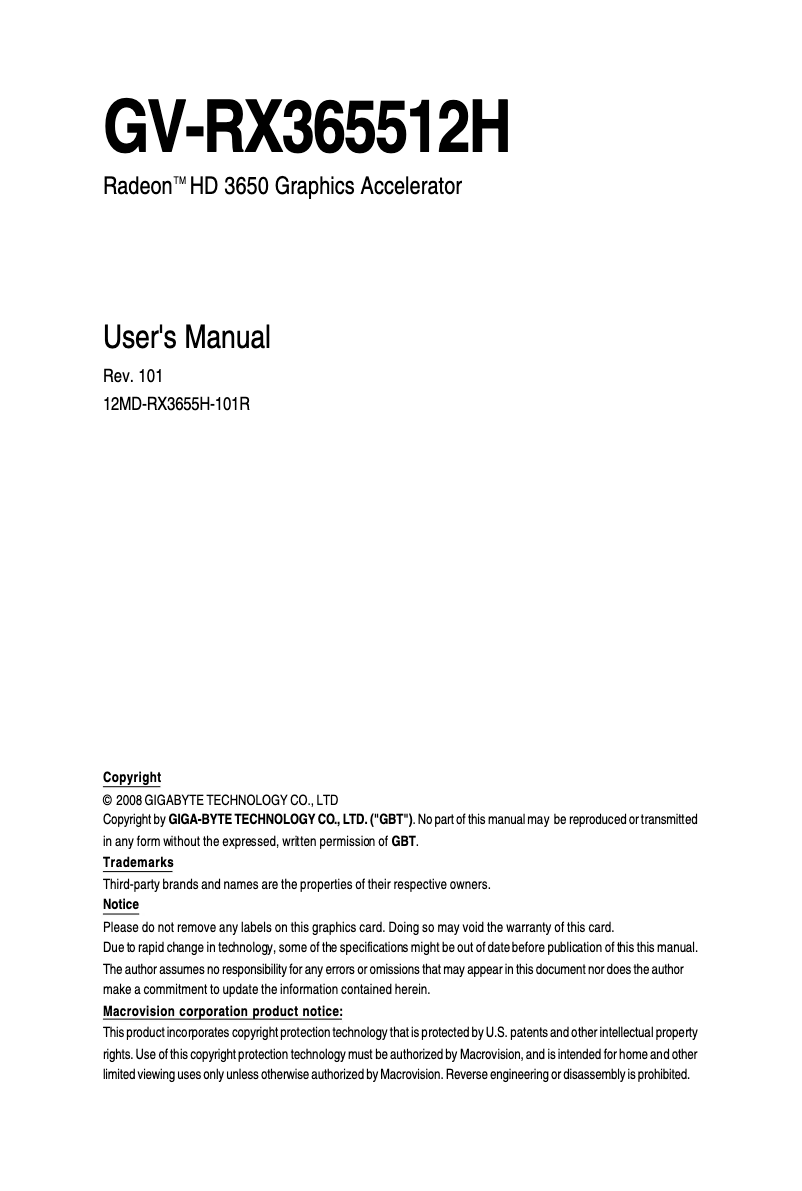 Image de la première page du manuel de l'appareil GV-RX365512H