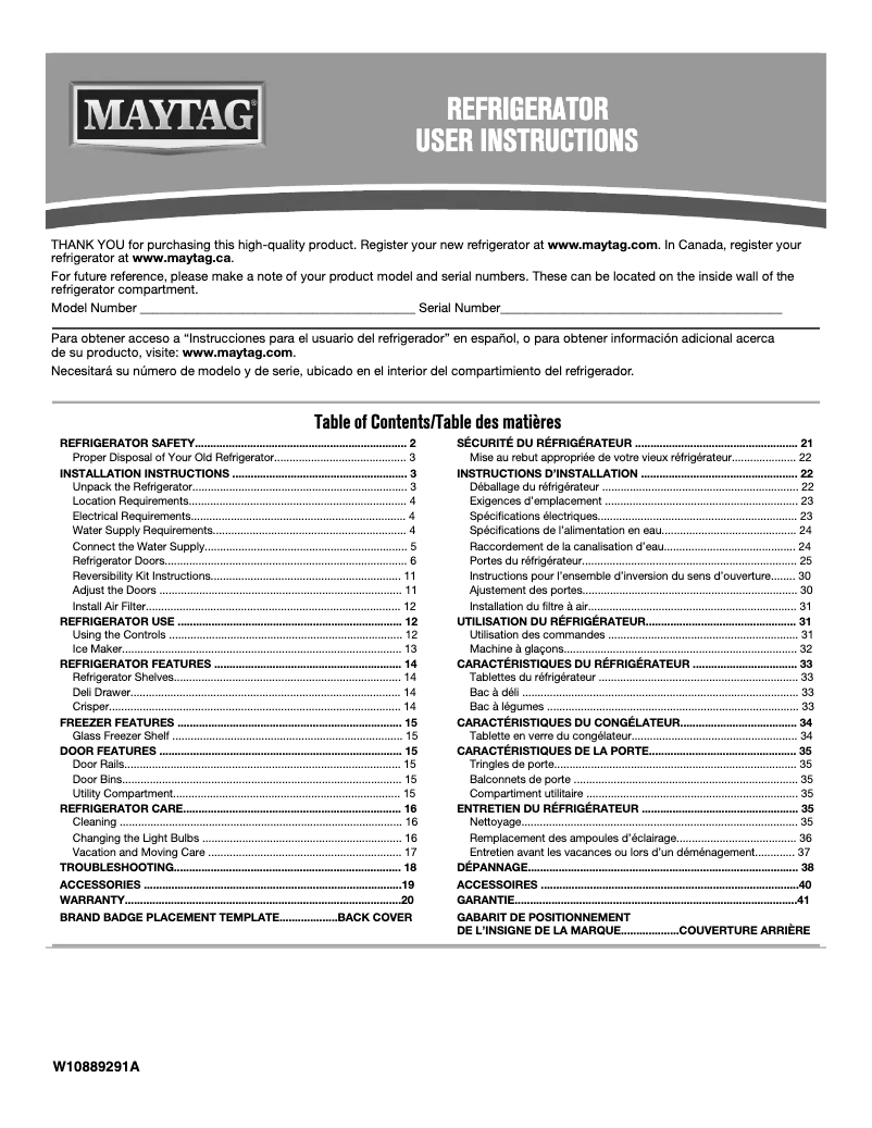 Page n°1 - Manuel d'utilisation et d'entretien Maytag MRT711SMF