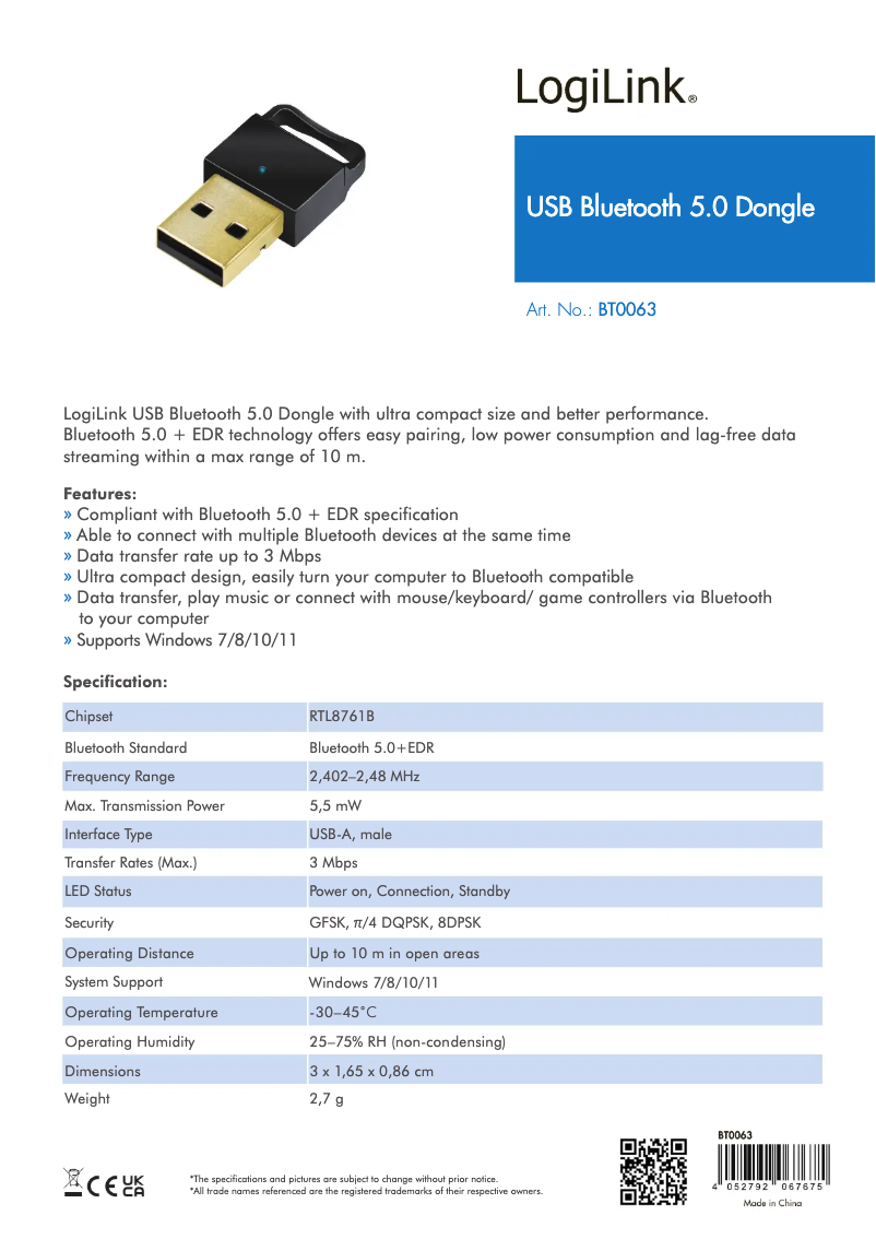 Page n°1 - Manuel utilisateur LogiLink BT0063