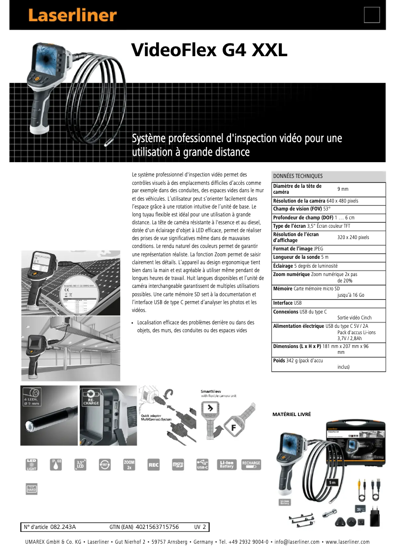 Page 1 de la notice Fiche technique Laserliner VideoFlex G4 XXL
