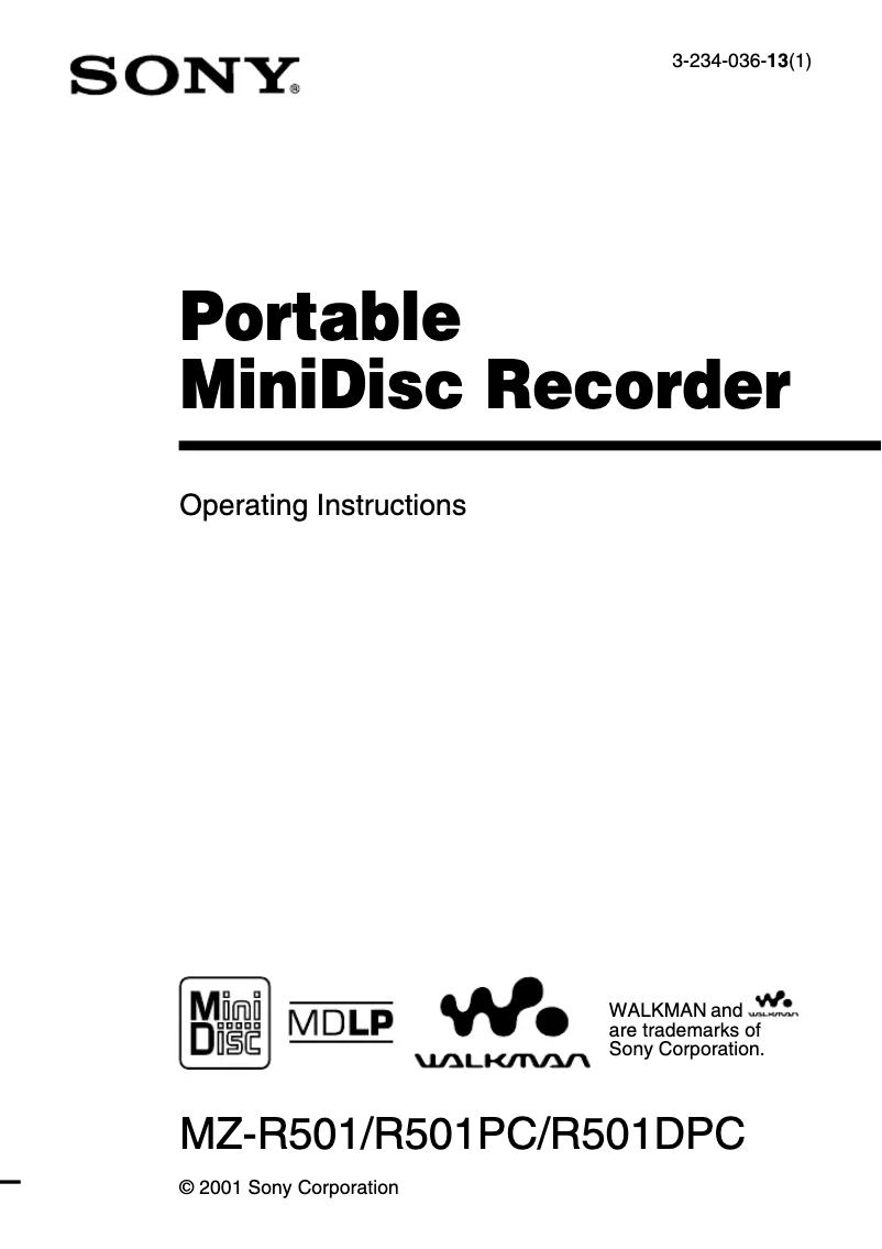 Page 1 de la notice Manuel utilisateur Sony MZ-R501PC