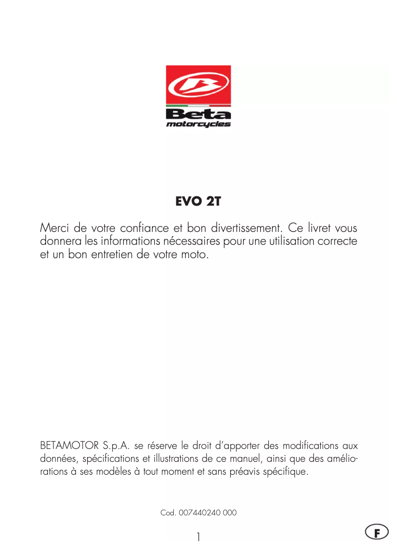 Page 1 de la notice Manuel utilisateur Beta EVO 2T 250 (2016)