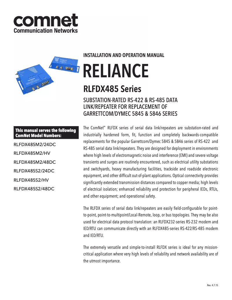 Page 1 de la notice Manuel utilisateur ComNet RLFDX485M2/HV