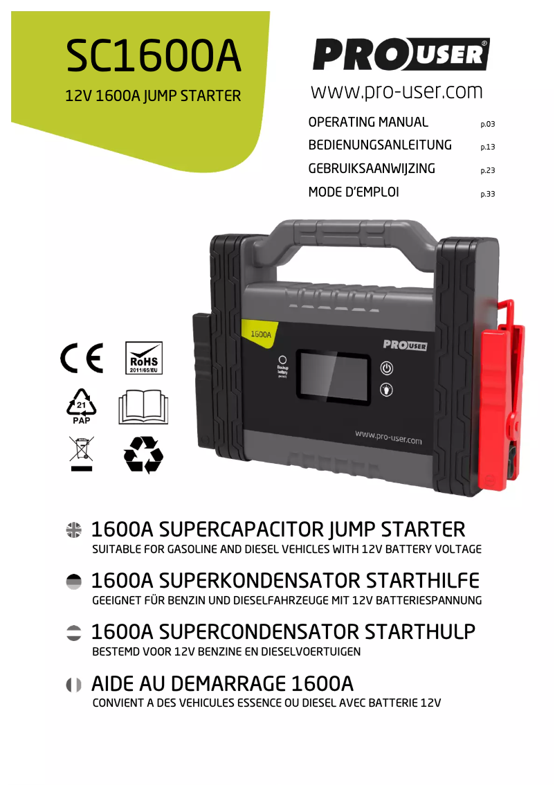 Page n°1 - Manuel utilisateur Pro-User SC1600A